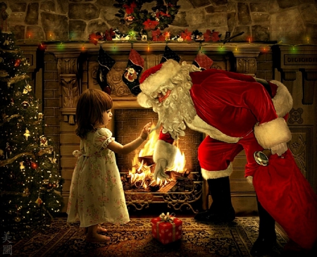 ~Santa Claus & Little Girl~ - girls, photomanipulation, xmas and new year, holidays, greetings, blessings, christmas, gifts, decorations, winter, fireplace, weird things people wear, digital art, santa claus, creative pre-made, people, xmas trees, backgrounds