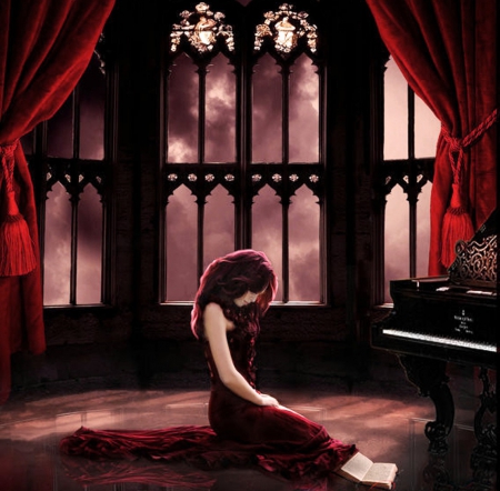 Piano red room - woman, red, sad, music, room