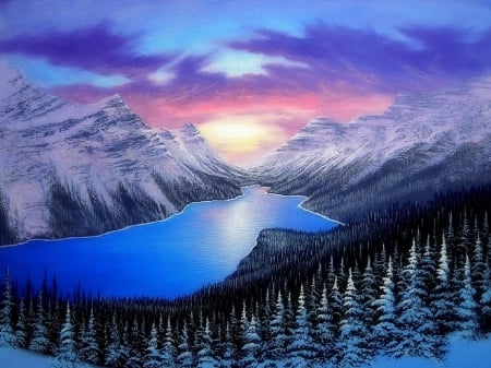 â˜…Blue Lake Winterâ˜… - attractions in dreams, xmas and new year, sky, trees, winter, mountains, christmas, nature, love four seasons, cool, blue, snow, scenery, paintings, rivers, landscapes