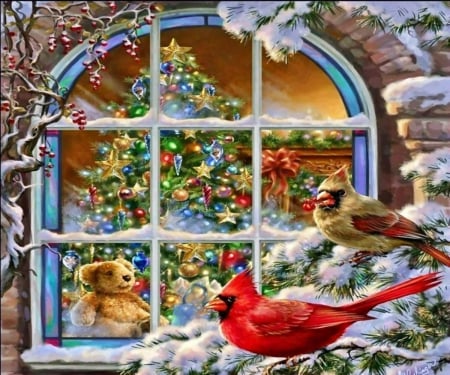 A Cardinals\\' Christmas Window - Window, Tree, Christmas, Cardinals