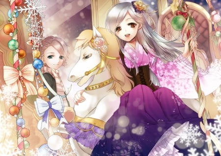 Carousel - snowflake, girl, winter, christmas, carousel, horse, pink, anime, manga, aster leo, dress