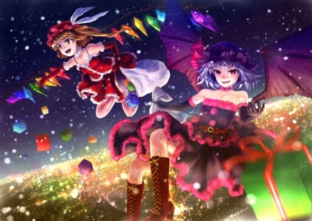 Flandre Scarlet for Christmas - hat, anime, bat, flandre scarlet, girl, night, pink, christmas, vampire, manga, rainbow, purple, fly, wings, sky