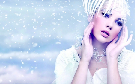 Winter - white, girl, pink, snow, blue, winter, konrad bak, model