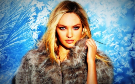 Candice Swanepoel - woman, ice, fur, girl, winter, model, blue, by cehenot, candice swanepoel, blonde