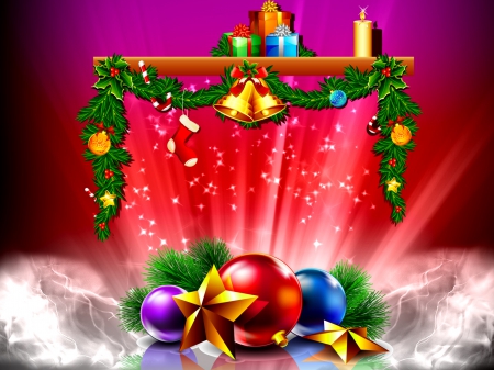 Christmas background - branches, decoration, gifts, balls, photoshop, bells, christmas, holiday, new year, background