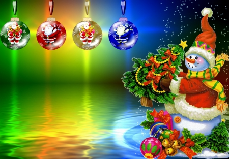 Christmas background - snowman, background, colorful, winter, christmas, balls, santa, reflection, beautiful, holiday, decoration, gifts