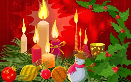 Christmas background - red, winter, beautiful, snowman, christmas, decoration, holiday, background, balls, magic, flame, tree, green