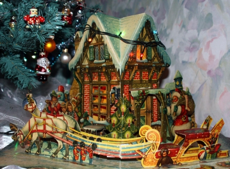 Santa claus house - new year, santa claus backgrounds, presents, tree, garland, christmas, sleigh images