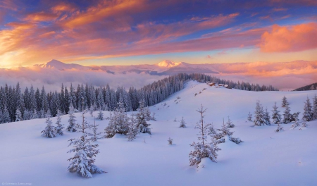 Carpathian Sunset - ukraine, winter, ice, snow