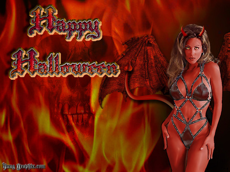 Happy Halloween - female, devil, october 31, skull, winged, fire, wings, flames, demon