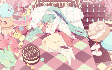 Sleeping Miku Hatsune - vocaloid, anime, bed, miku, stuffed animal