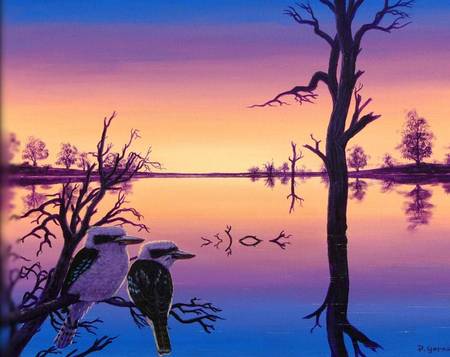 By the river - art, trees, river, sunset, 2 kookaburras