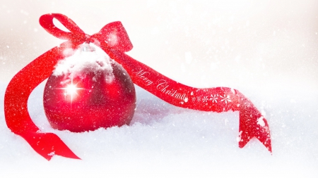 Ribbon Bow and Snow - winte, New Year, snow, decorate, red and white, Christmas, Feliz Navidad