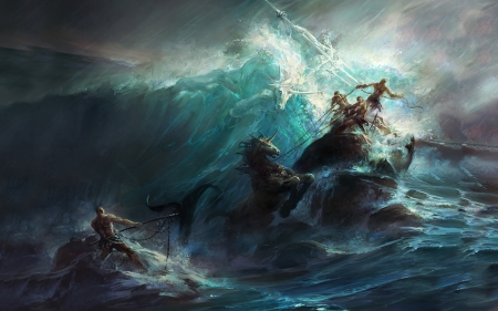 Poseidons Wrath - ocean, graphics, illustrations, paintings, greek mythology, sea creatures, waves