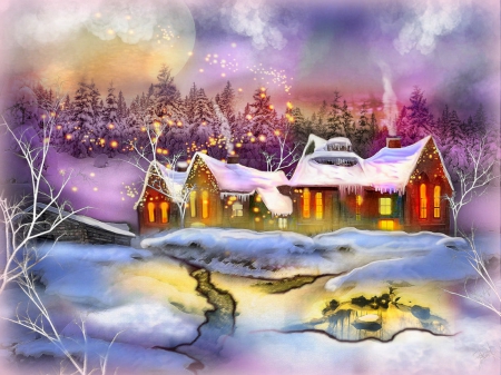 Colors Cottage in the Winter - trees, winter, creative pre-made, paintings, snow, digital art, colors, holidays, xmas and new year, drawings, christmas, landscapes, cottages, villages, lighting