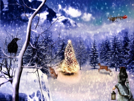 Guiding Light for Christmas - photomanipulation, greetings, girls, santa claus, creative pre-made, reindeer, lantern, digital art, deers, lighting, landscapes, birds, attractions in dreams, xmas and new year, lady, forests, winter, christmas, crow, christmas tree, love four seasons, flying sleigh, holidays, weird things people wear, snow