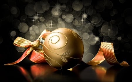 Ribbon of the hope - christmas, hope, black background, ball, ribbon, golden, light, peace