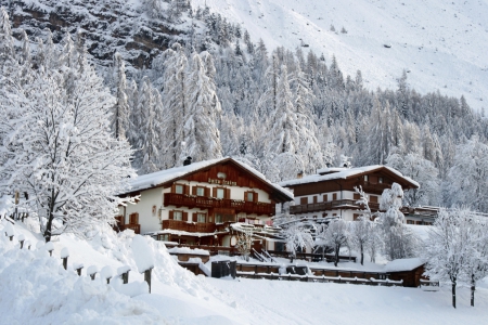 Winter Landscape - ice, houses, trees, snow, hotel