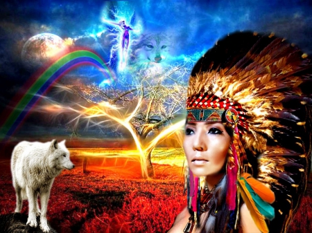 Indians with wolves and rainbows - rainbows, wolves, sunlight, indians