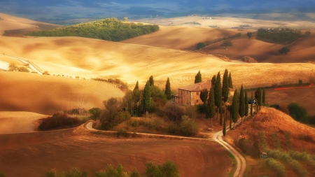 farms in a tuscan landscape - fields, autumn, trees, hills, farms