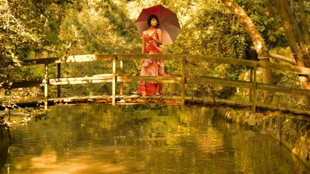 Beauty On The Bridge - women, people, rivers, beautiful, nature, asian