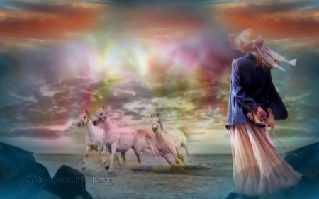 Magical View - beauty, woman, rainbow, girl, serene, image, wallpaper, lovely, fantasy, cg, horses, art, softness, beautiful, pastel, digital