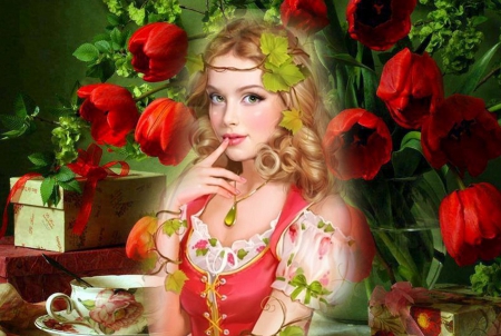 Girl and Red Tulips - image, beautiful, girl, lovely, fantasy, tulips, gorgeous, red, painting, digital, woman, art