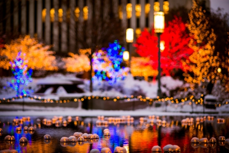 Bokeh - city lights, magic christmas, lanterns, water, xmas, buildings, christmas, lantern, merry christmas, light, city, bokeh, splendor