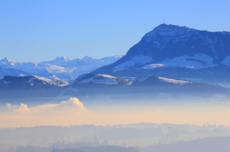 Winter landscape - winter, fog, blue, beautiful, outdoor, morning, mountain, color, sky