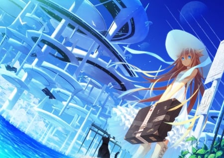 New Citizen  - Cute, Scientific City, Blue Water, White Outfit, Brown Hair, Ribbons, Green Leaves, Hat, Ocean, Bus Stop, Unique, Lethal Choker Artworks, Suitcase, Blue, Citizen, Sea, Sweet, White Dress, Buildings, Lovely, Anime, Advanced City, Long Hair, Sky, Beautiful, Black Cat, Blue Eyes, Blue Sky, Girl, Frills, White Boots, Wonderful, Sun, Confused, New, Shy