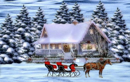 Christmas  Vistit - christmas, snow, horse, cabin