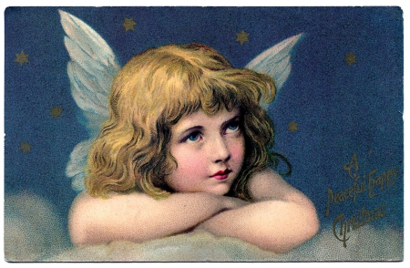 Angel - blue, blonde, angel, christmas, retro, white, vintage, wings, card