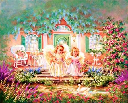 Sweet Angels - flowers, house, garden, artwork