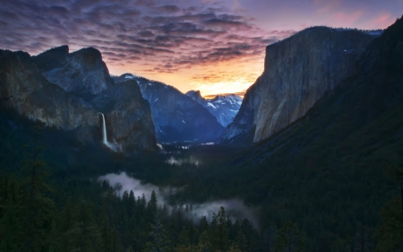 superb waterfall in nature - clouds, forests, waterfall, fog, cliff, sunrise, mountains