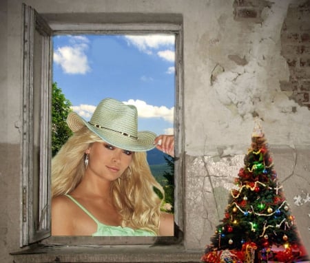 Cowgirl Christmas - women, fun, girls, famous, windows, sky, models, female, trees, cowgirls, hats, western, style, fashion, rodeo, outdoors, christmas, holidays, ranch