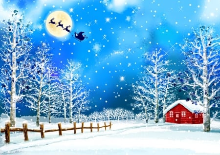 Santa's coming - come, winter, snowflakes, beautiful, cottage, christmas, sky, holiday, fence, nice, santa, lovely, moon, house, snow