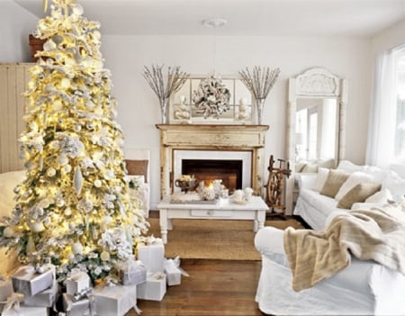 White Wonderland - Christmas tree, white, fireplace, interior, living room