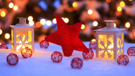 Snowflakes - stars, whitem snowm lights, snowflakes, warmth, fire, christmas, flame, flakes, lanterns, red, ornamente