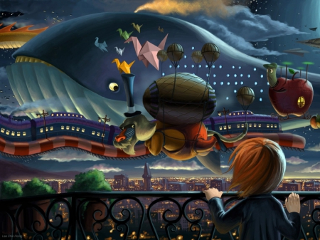 Fantasy Airship - airship, whale, fantasy, birds