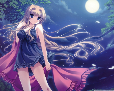 anime - moon, girl, anime, sky