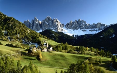 Living on the Mountain Side - forest, buildings, grass, blue, white, sky, houses, field, trees, nature, mountain, snow, green