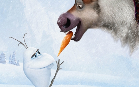 Frozen (2013) - snowman, winter, carrot, olaf, snow, frozen, white, sven, funny, movie, reindeer, disney