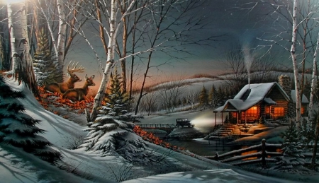 Christmas with friends - pretty, cabin, snow, deers, friends, nice, art, cottage, house, trees, winter, beautiful, lovely, christmas, lights, painting, dusk