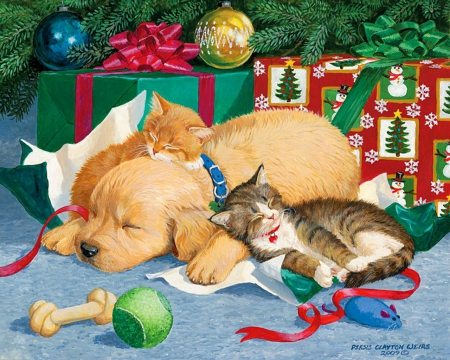 Too much fun! - sleeping, new year, fun, cat, kitty, winter, chritmas, kitten, painting, balls, art, tree, gifts, decoration, bone