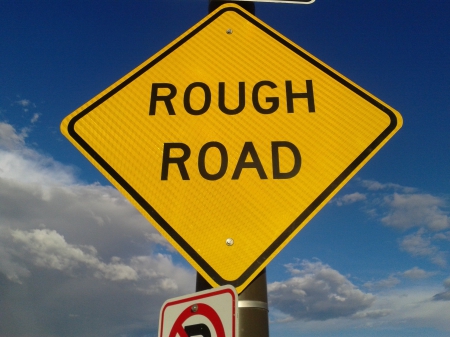 rough road - road, sign, rough, sky