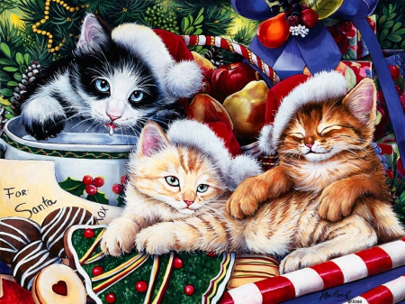 Meowy-Christmas - pretty, holiday, kittens, cats, friends, nice, art, kitties, hat, meowy, winter, decoration, beautiful, balls, lovely, tree, christmas, colorful, santa, painting