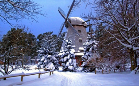 Windmill in Winter - nature, trees, landscape, snow, mill