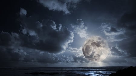 huge full moon over the ocean - clouds, moon, sea, night, waves