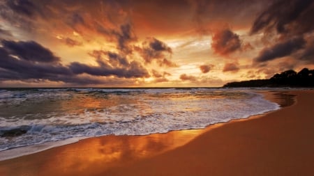 beautiful brown sunset over beach - clouds, sunset, foam, beach, brown, sea