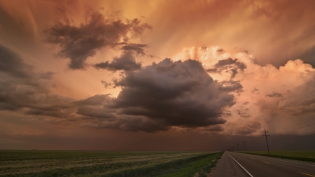 storm clouds over flat highway - storm, clouds, highway, fields